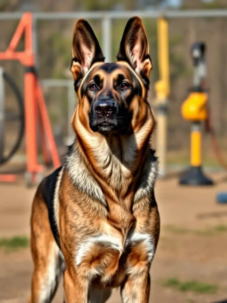 A portrait of a well-built adult male Dutch Shepherd with a brindle coat, alert and focused, in a training environment at Apache K9.