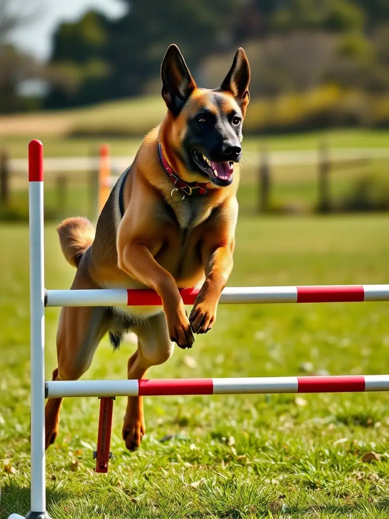 A portrait of a sleek and agile adult female Belgian Malinois with a fawn coat and black mask, demonstrating high energy and focus during agility training at Apache K9.