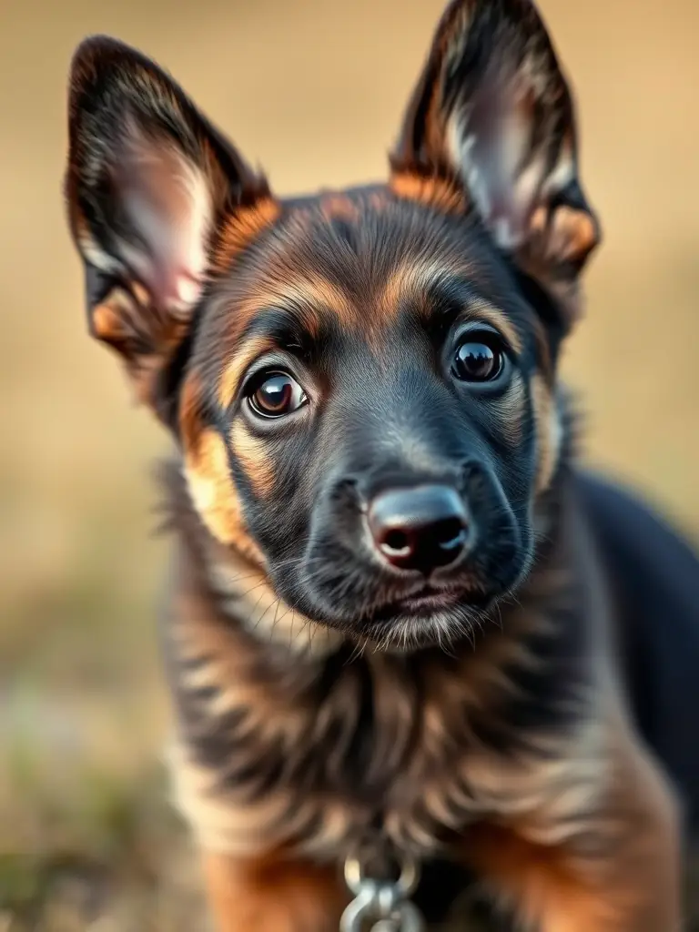 A close-up portrait of a Dutch Shepherd puppy with bright eyes and a playful expression, showcasing the breed's early socialization and care at Apache K9.