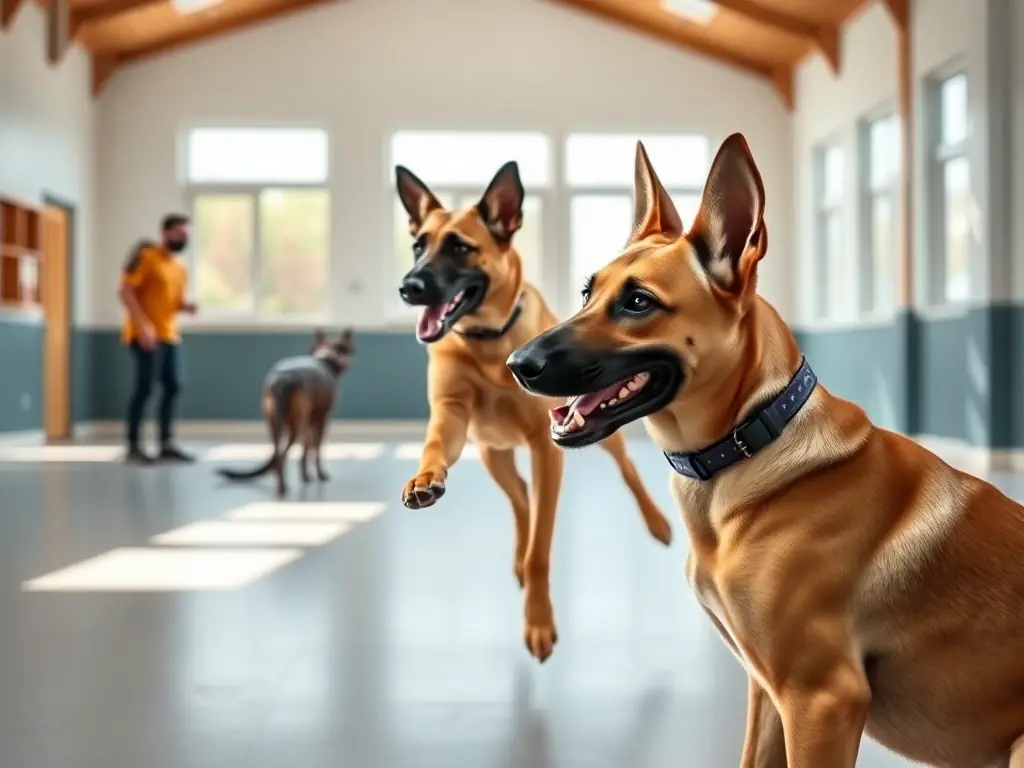 A Belgian Malinois participating in a socialization class, interacting positively with other dogs and people in a controlled environment.