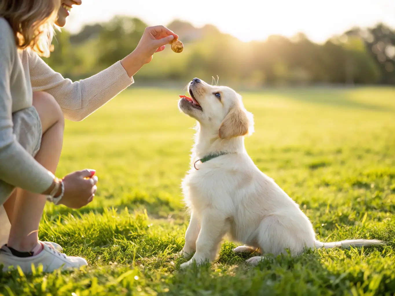 A well-behaved Dutch Shepherd puppy sitting attentively during an obedience training session, with a trainer giving positive reinforcement.