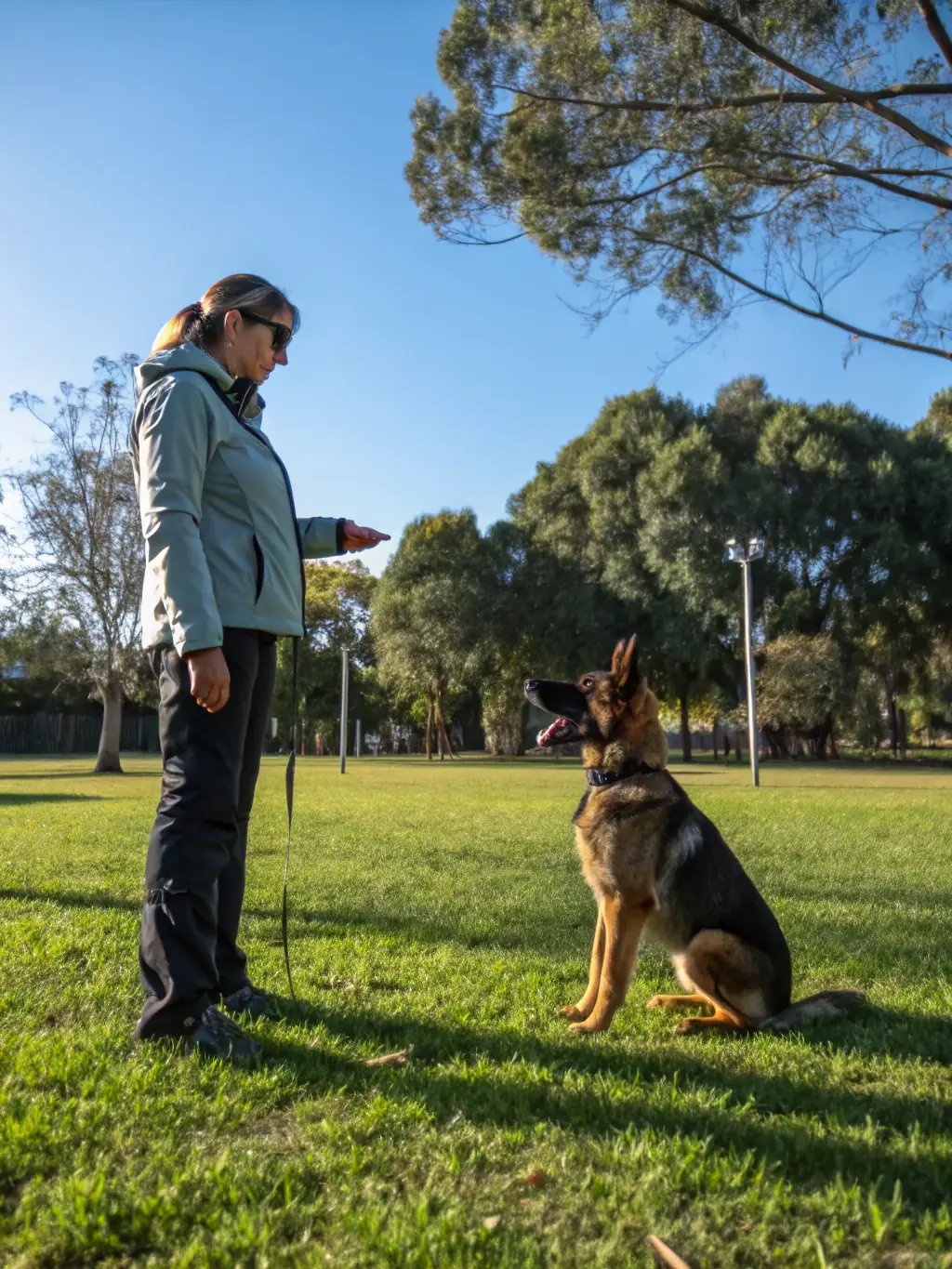 An action shot of a Dutch Shepherd performing an obedience exercise, showcasing its responsiveness and eagerness to please, essential traits for police work.